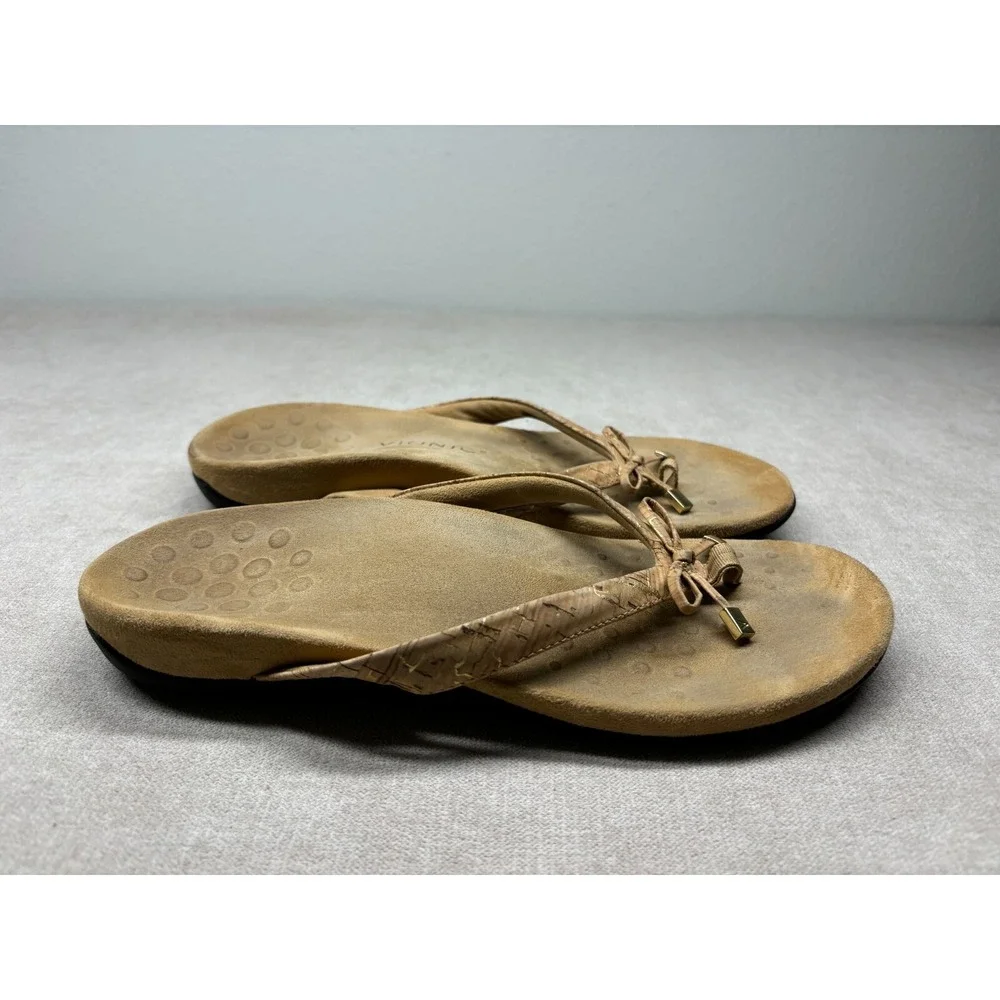 Vionic Sandals Brown 10 Bella II Cork Slides Flip Flops Contoured Footbed Bow